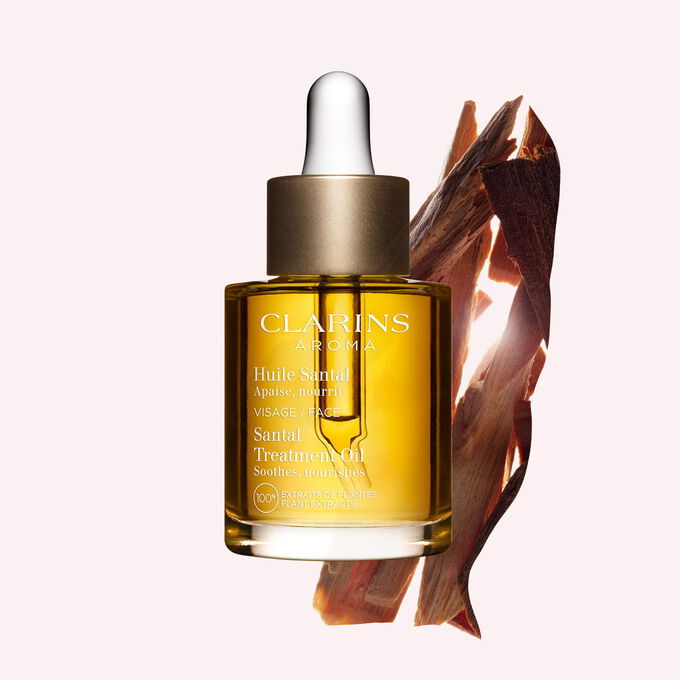 Clarins Santal ansiktsbehandlingsolja med hundra procent rena v&auml;xtextrakt f&ouml;r att djupt n&auml;r&auml; och lugna mycket torr hud.