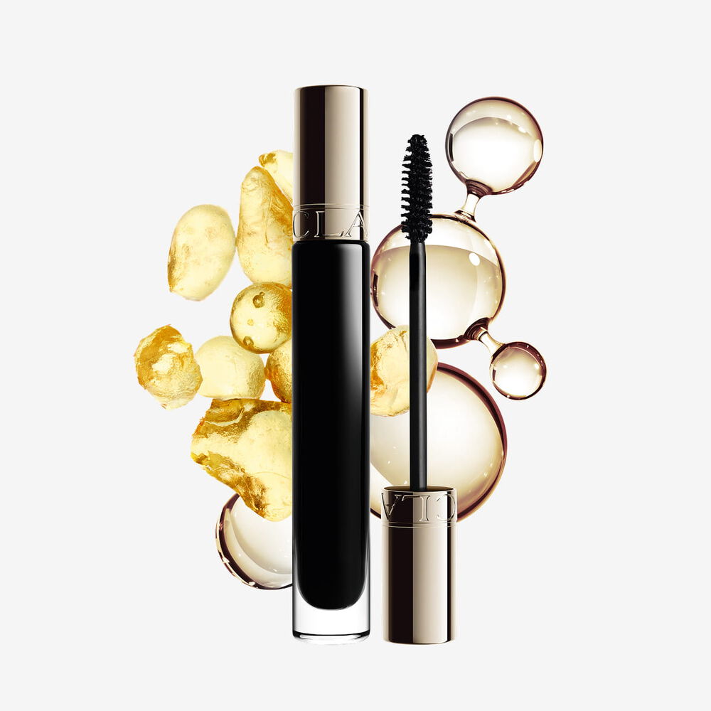 Packshot av Clarins Length Boosting Mascara med hyaluronsyra, sphinganine och panthenolmolekyler som lyfter fram dess nyckelingredienser.