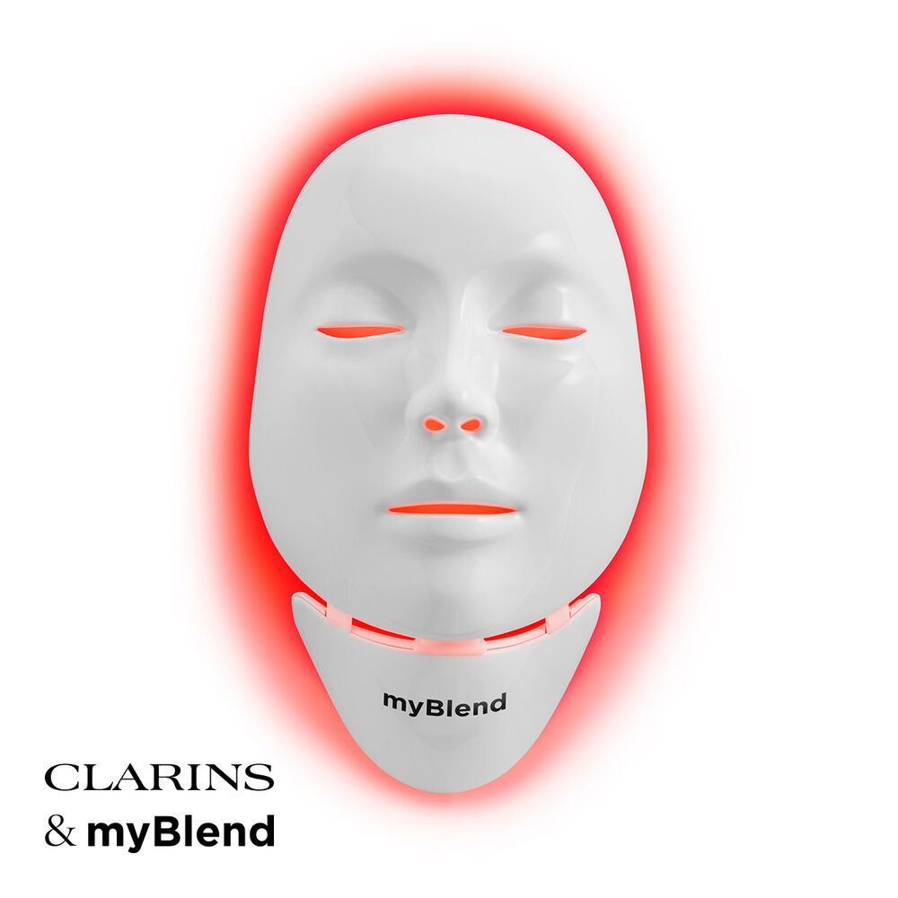 Packshot av myLEDmask2 f&ouml;r ansikte och hals fr&aring;n myBlend, i samarbete med Clarins distribution