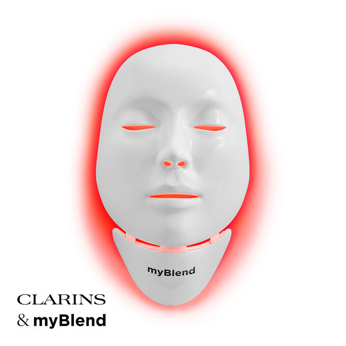 Packshot av myLEDmask2 f&ouml;r ansikte och hals fr&aring;n myBlend, i samarbete med Clarins distribution