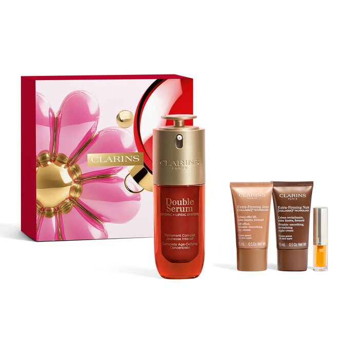 Produktbild av Clarins Double Serum-julset med hudv&aring;rdsfavoriter f&ouml;r en daglig rutin mot &aring;lderstecken