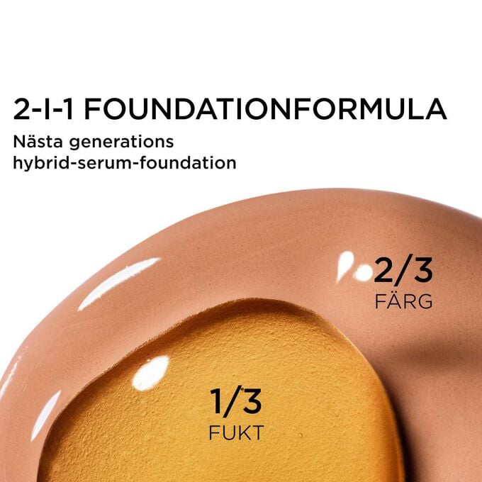Fokus p&aring; blandningen av tv&aring; texturer: serum och foundation i Clarins serumfoundation-drivna formula f&ouml;r n&auml;sta generations t&auml;ckning.