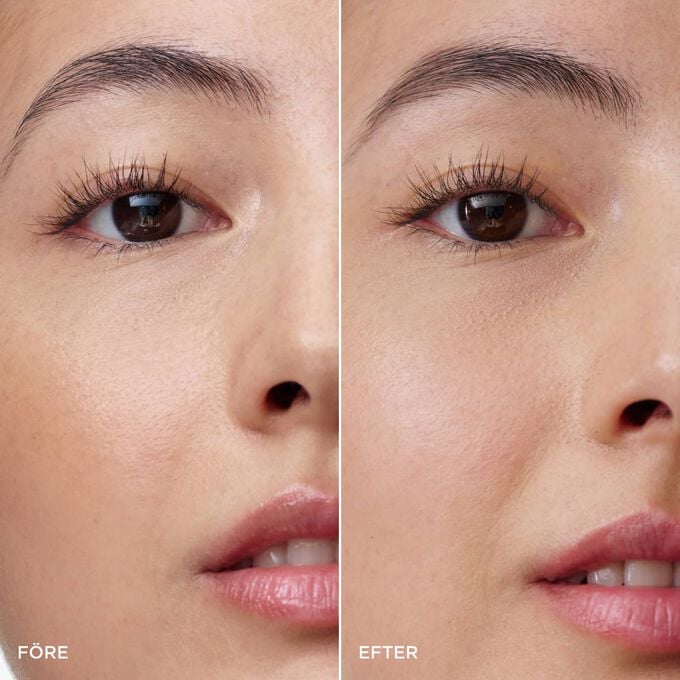 F&ouml;re- och efterbild av en kvinnas bryn med Clarins 2-i-1 Dark Brown Brow Pencil, som visar fylligare, formade och definierade bryn.