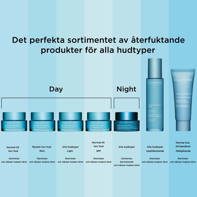 Packshot av Clarins Hydra-Essentiel-sortimentet, en &aring;terfuktande och n&auml;ringsrik kollektion f&ouml;r alla hudtyper och specifika behov.