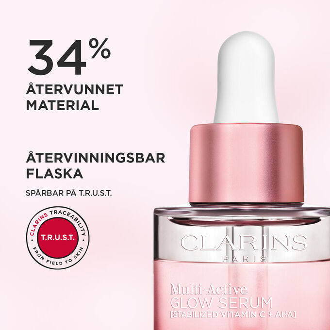 Närbild på toppen av Multi-Active Glow Serum-flaskan, som framhäver 34 % återvunnet material och en återvinningsbar design.