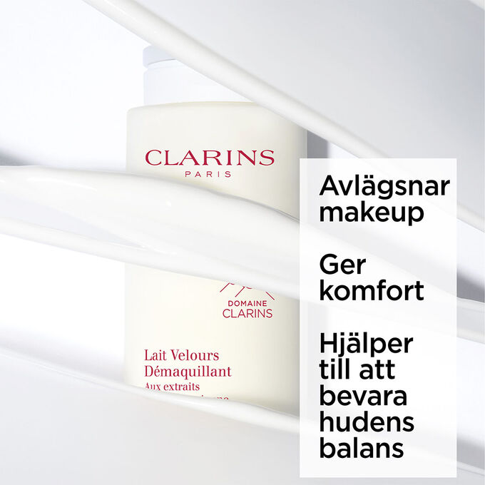 Packshot av den beige flaskan med Velvet Cleansing Milk fr&aring;n Clarins, delvis dold, med text om dess reng&ouml;rande och renande effekt.
