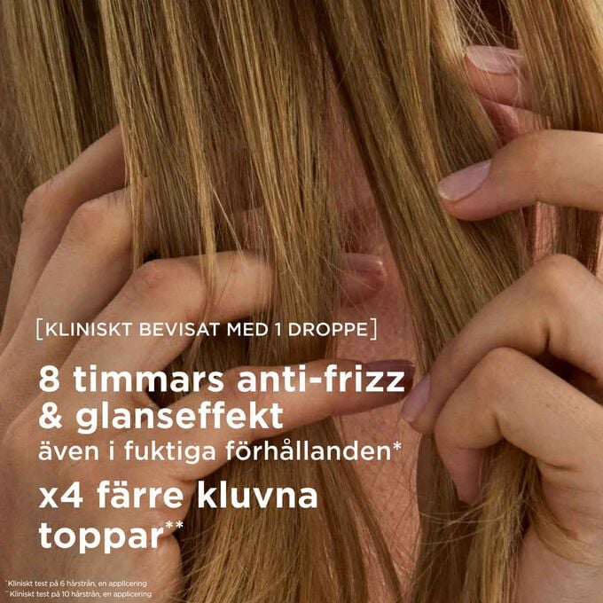 Anti-frizz h&aring;roljebehandling f&ouml;r &aring;tta timmars glans och fyra g&aring;nger f&auml;rre kluvna toppar, &auml;ven i fuktiga f&ouml;rh&aring;llanden.