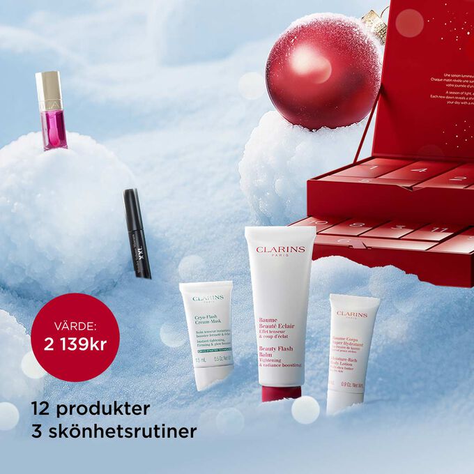 Packshot av Clarins 12 Days julkalender med eko-designad förpackning, skapad för att återanvändas efter julen.