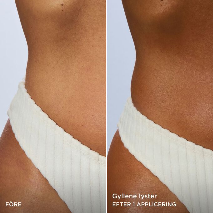 F&ouml;re- och efterbild av en kvinnas kropp som visar ett naturligt gyllene lyster efter en applicering av Clarins Body Self-Tan Lotion.