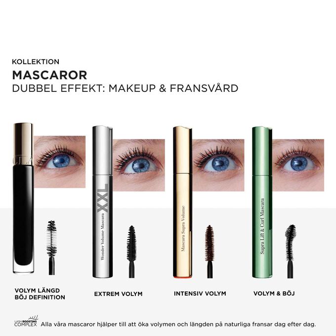 Clarins mascarakollektion som visar volym, l&auml;ngd, b&ouml;j och definition med fransboostande komplex f&ouml;r v&aring;rd och h&ouml;g prestanda.