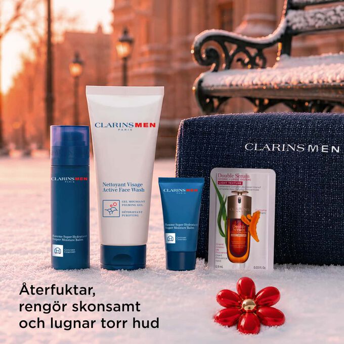 Produktbild av Clarins Men-julset med v&aring;rd som &aring;terfuktar, reng&ouml;r och lugnar torr eller k&auml;nslig hud