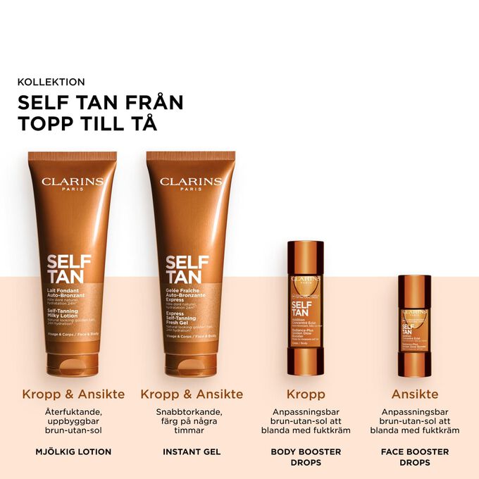 Packshot av Clarins brun-utan-sol-sortiment, inklusive Self-Tanning-produkter f&ouml;r ansikte och kropp, f&ouml;r en str&aring;lande, gyllene och solkysst lyster.