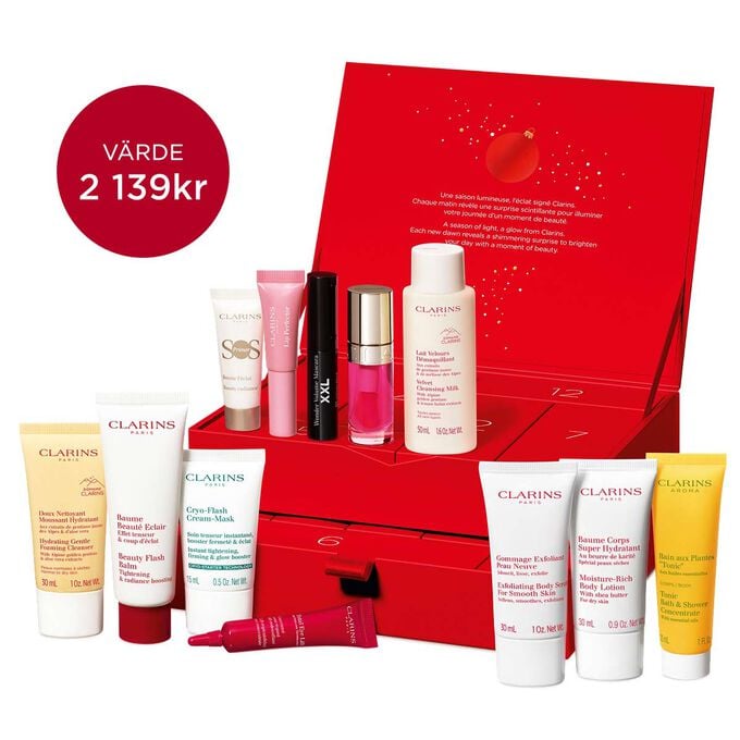 Packshot av Clarins 12 Days Beauty julkalender med favoritprodukter för din dagliga hudvårds- och skönhetsrutin.
