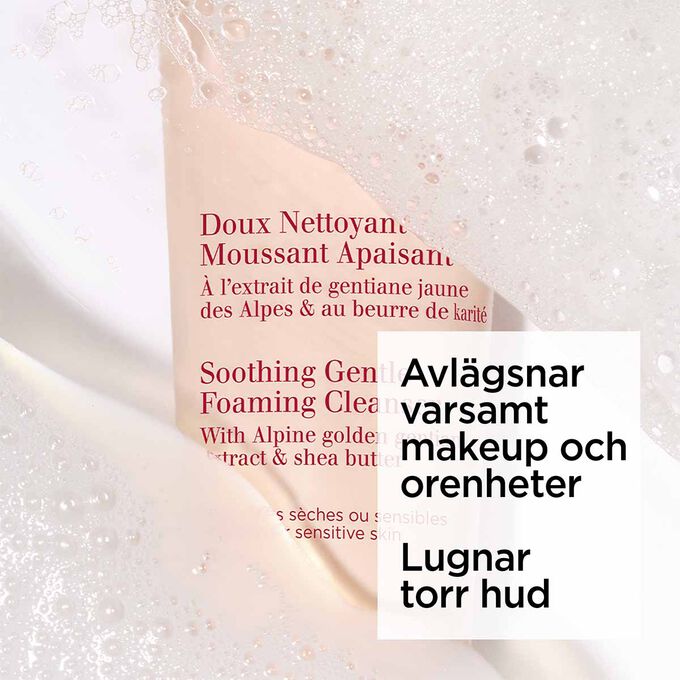 Packshot av den ljusrosa tuben med Clarins l&ouml;ddrande ansiktsreng&ouml;ring under skum med text om dess reng&ouml;rande och skyddande effekt mot f&ouml;roreningar.