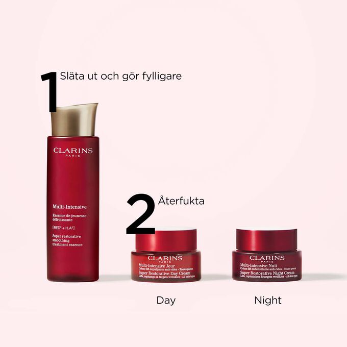 Packshot av hudv&aring;rdssortimentet Clarins Super Restorative vars produkter ger en perfekt anti-aging-rutin f&ouml;r alla hudtyper.