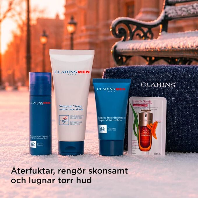 Produktbild av Clarins Men-julset med v&aring;rd som &aring;terfuktar, reng&ouml;r och lugnar torr eller k&auml;nslig hud
