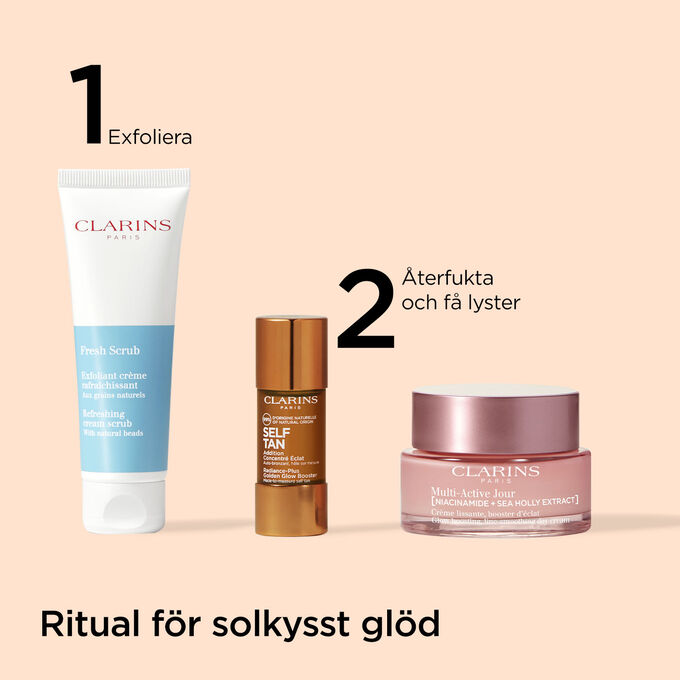 Packshot av Clarins brun-utan-sol-sortiment f&ouml;r en rutin som bygger p&aring; f&auml;rgen gradvis &ndash; f&ouml;r en naturligt solkysst look, helt utan sol