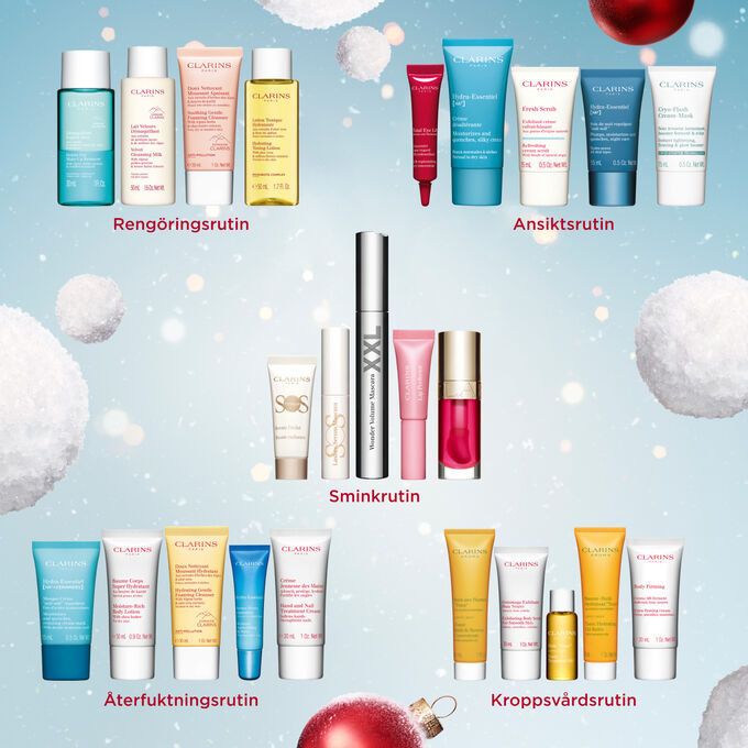 Packshot av Clarins Skincare & Make-up julkalender med 4 full size-produkter, 17 prover och 3 minis.