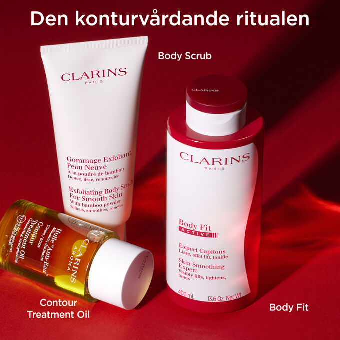 Konturvårdande ritual med Body Fit Active, Contour Treatment Oil och Exfoliating Body Scrub