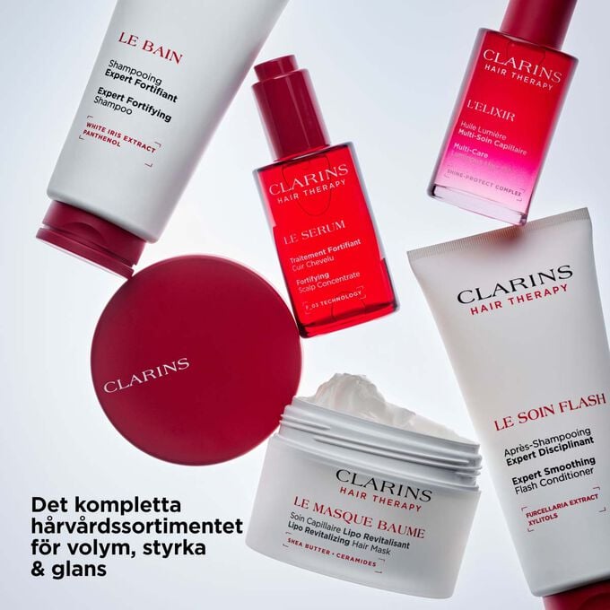 Clarins Hair Therapy hela sortimentet: fem behandlingar f&ouml;r h&aring;rbotten och h&aring;r f&ouml;r att &ouml;ka volym, styrka och glans.