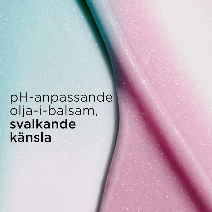 Texturerad bakgrund med rosa och bl&aring; l&auml;ppbalsam som illustrerar en pH-anpassande olja-i-balsam med svalkande effekt