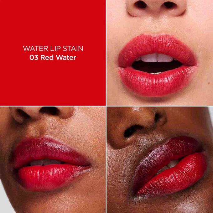 N&auml;rbild av en kvinnas l&auml;ppar, som illustrerar resultatet av applicering av Red Water Lip Stain i nyansen 03, vilket ger &aring;terfuktning, f&auml;rg och matt finish.