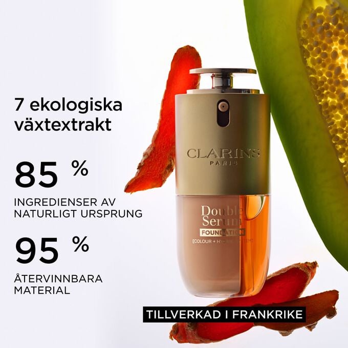 Produktbild av Double Serum Foundation n&auml;ra gurkmeja och papain, som framh&auml;ver naturliga ingredienser och etiketten Made in France.