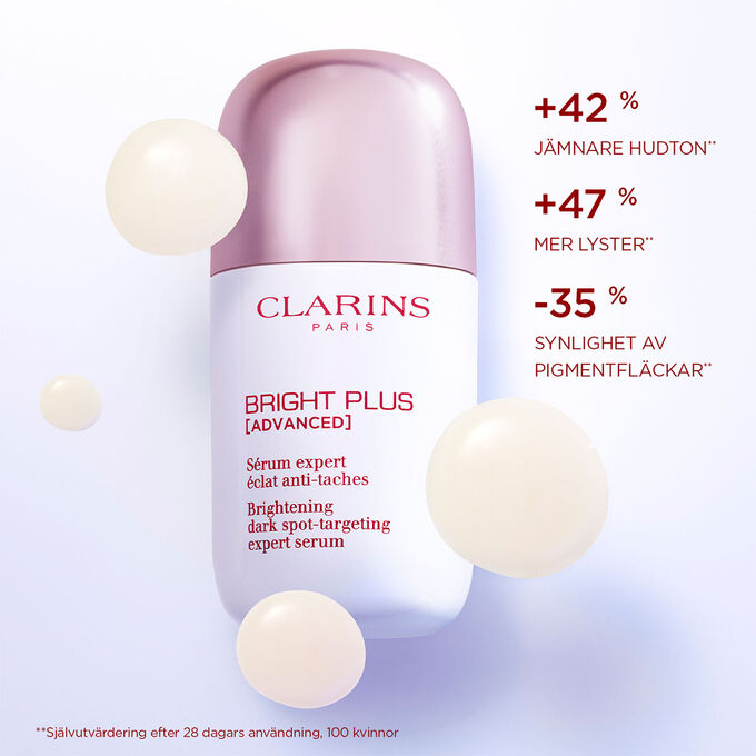 N&auml;rbild av Bright Plus Expert Serum med text som lyfter fram dess effekt: &ouml;kad lyster och minskade pigmentfl&auml;ckar.