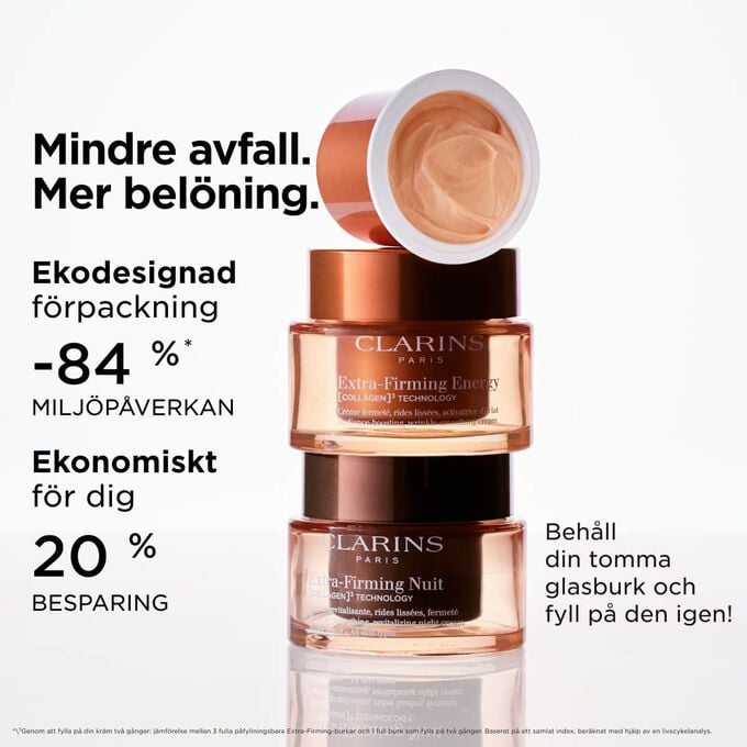 Produktbild av Extra-Firming-f&ouml;rpackning och refill som lyfter fram den ekodesignade f&ouml;rpackningen och de p&aring;fyllningsbara funktionerna f&ouml;r &ouml;kad h&aring;llbarhet.