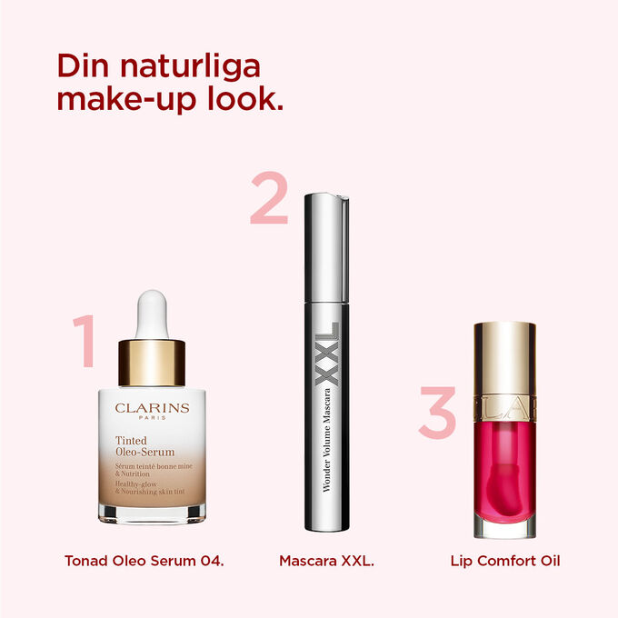 Clarins makeuputbud för att uppnå ett naturligt utseende, med ett färgat serum, volymgivande mascara och läppolja.
