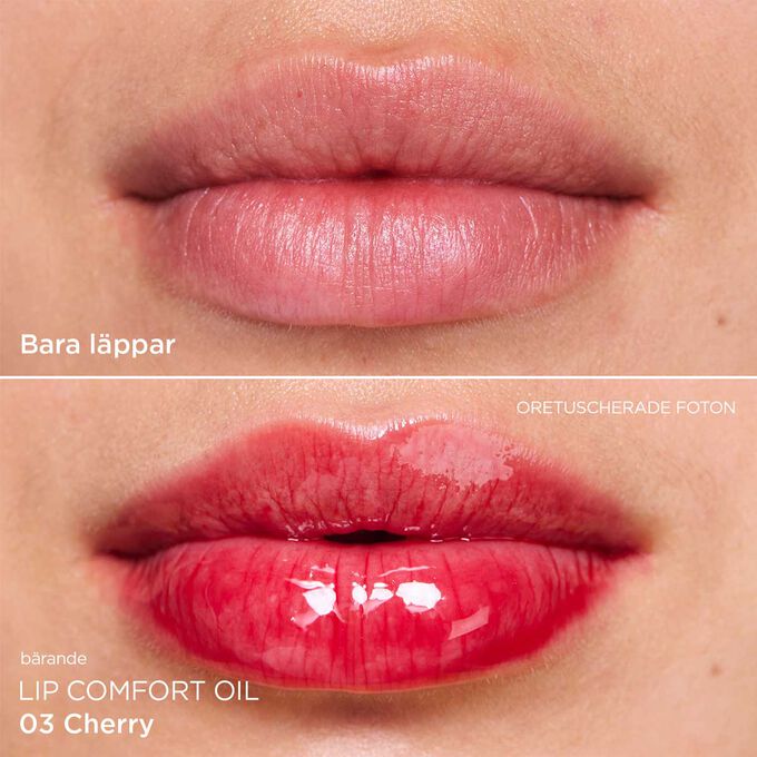 Före och efter närbild av en kvinnas läppar, som visar resultaten efter att ha applicerat den mörkröda läppoljan.