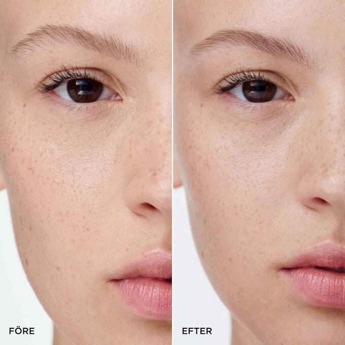 F&ouml;re- och efterbild av en kvinnas bryn med Clarins 2-i-1 Light Brown Brow Pencil, som visar fylligare, mer strukturerade och naturliga bryn.