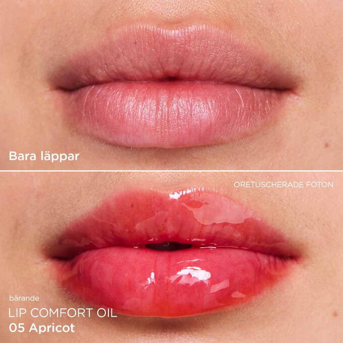 F&ouml;re och efter n&auml;rbild av en kvinnas l&auml;ppar, som visar resultaten efter att ha applicerat den orangea tonade l&auml;ppoljan.