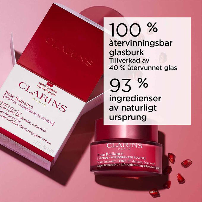Super Restorative Rose Radiance med 100 % &aring;tervinningsbar glasburk och 93 % ingredienser av naturligt ursprung.