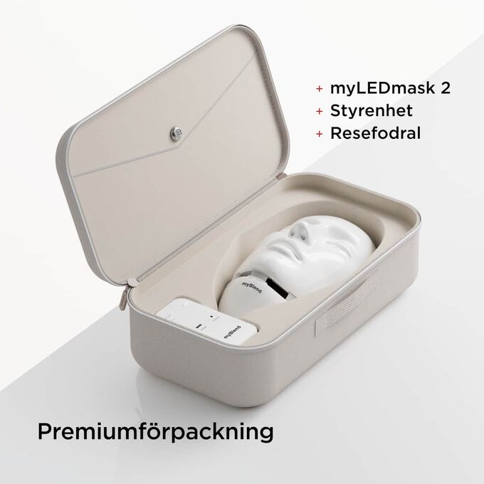 N&auml;rbild p&aring; myLEDmask2:s premiumf&ouml;rpackning med resefodral och kontrollenhet