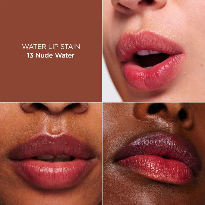 N&auml;rbild av en kvinnas l&auml;ppar, som illustrerar resultatet av applicering av Brown Water Lip Stain i nyansen 13, vilket ger &aring;terfuktning, f&auml;rg och matt finish.