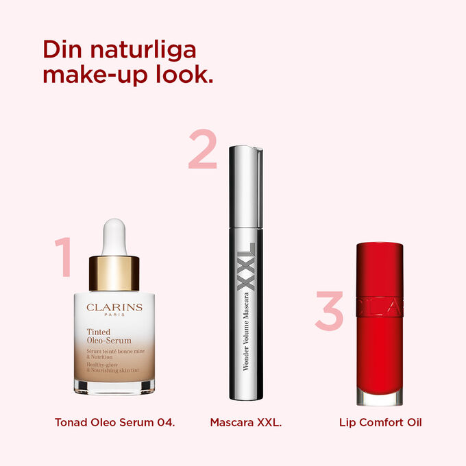 Clarins sminkutbud för att uppnå ett naturligt resultat, med ett färgat serum, volymgivande mascara och röd läppolja.