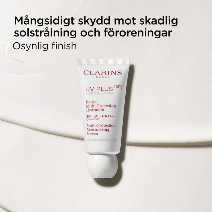 Packshot av Clarins UV Plus Anti-Pollution Translucent som ger en osynlig finish som skyddar mot skadlig solstrålning och föroreningar.