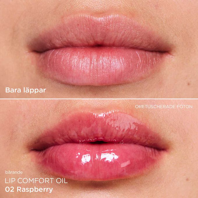 Före och efter närbild av en kvinnas läppar, som visar resultaten efter att ha applicerat den mörkrosa läppoljan.