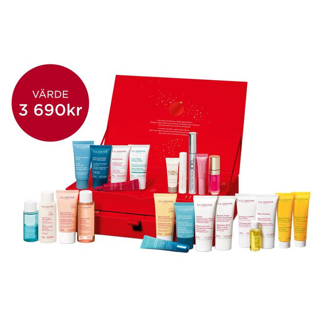 Packshot av Clarins 24 Days Beauty julkalender med favoritprodukter för din dagliga skönhets- och hudvårdsrutin.