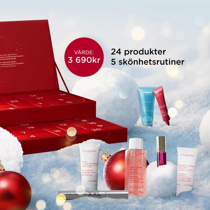 Packshot av Clarins 24 Days julkalender med eko-designad förpackning, skapad för att återanvändas långt efter julen.