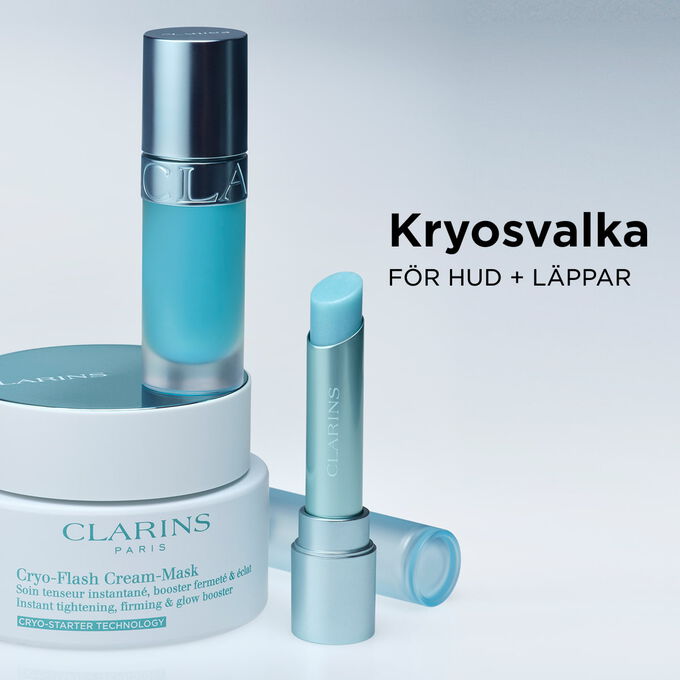 Packshot av Clarins Cryo Coolness-serie f&ouml;r hud och l&auml;ppar som visar svalkande och lugnande produkter med plumpande effekt