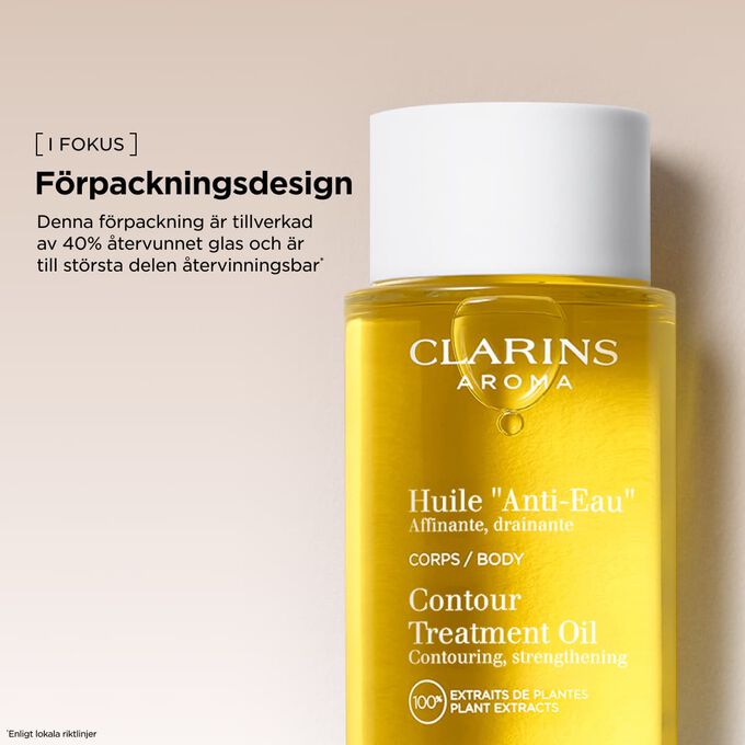 Clarins svullnadsolja i en f&ouml;rpackning tillverkad av &aring;tervunnet glas, st&ouml;djer h&aring;llbara sk&ouml;nhetsrutiner.