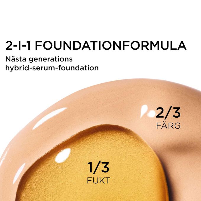 Fokus p&aring; blandningen av tv&aring; texturer: serum och foundation i Clarins serumfoundation-drivna formula f&ouml;r n&auml;sta generations t&auml;ckning.