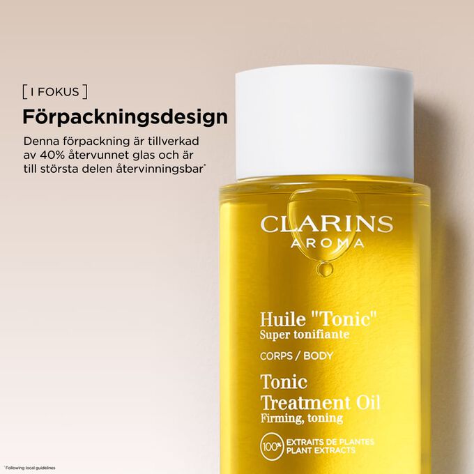 Clarins Tonic kroppsolja i en f&ouml;rpackning tillverkad av &aring;tervunnet glas, st&ouml;djer h&aring;llbara sk&ouml;nhetsrutiner.