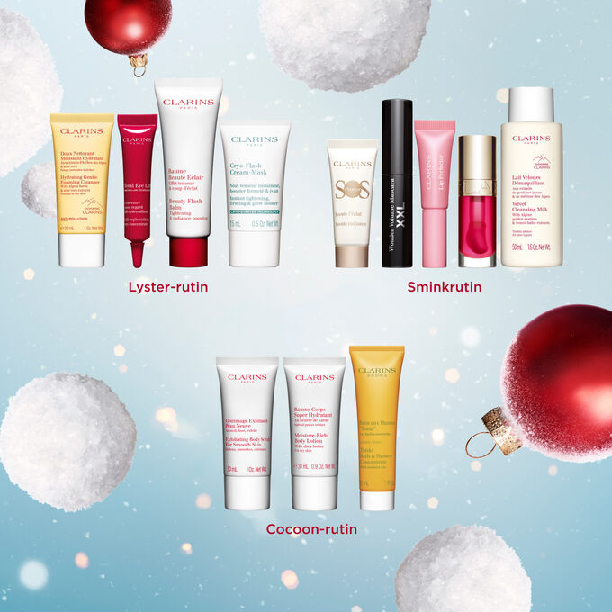 Packshot av 12 Days Makeup julkalender med 2 produkter i full-size, 7 prover och 3 minis från Clarins essentials-sortiment.