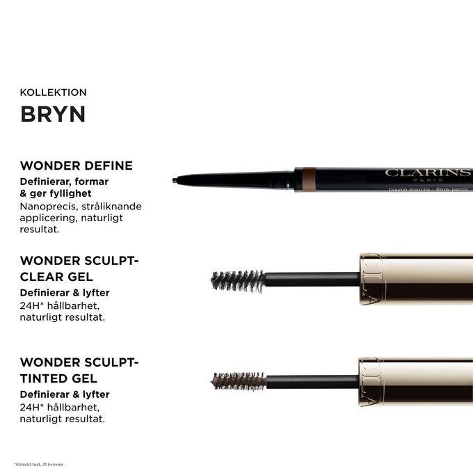 Clarins brynrutin med must-haves: Wonder Define, Sculpt-Clear Gel och Sculpt-Tinted Gel f&ouml;r naturligt lyft och 24 timmars h&aring;llbarhet.