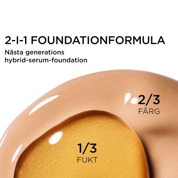 Fokus p&aring; blandningen av tv&aring; texturer: serum och foundation i Clarins serumfoundation-drivna formula f&ouml;r n&auml;sta generations t&auml;ckning.