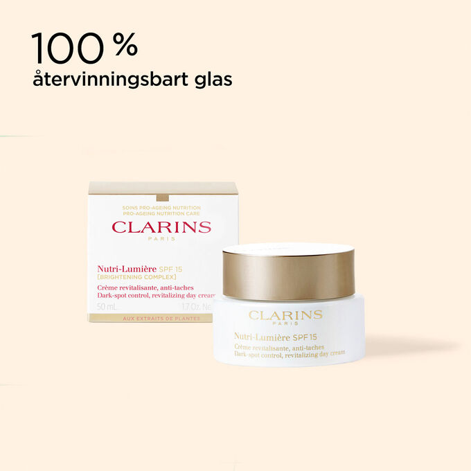 Kr&auml;mburk f&ouml;r anti-age-kr&auml;men Nutri-Lumi&egrave;re SPF 15 och dess f&ouml;rpackning som visar dess &aring;tervinningsbara ursprung.