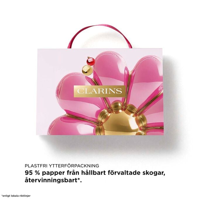 Clarins Lip Oils-julset med text om en necess&auml;r tillverkad av 87 % &aring;tervunna fibrer &ndash; en h&aring;llbar julklapp